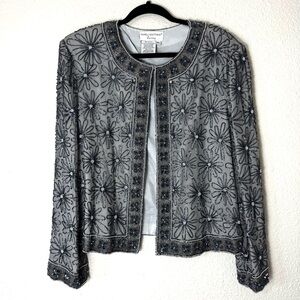 Adrianna Papell Gray Beaded Silk Floral Evening Jacket Size XL